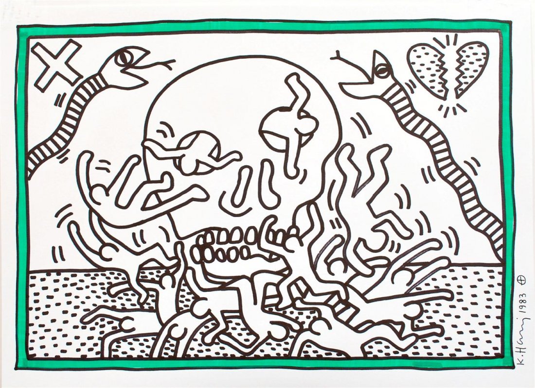 KEITH HARING [after] - Color drawing (green and: Keith Haring [after] (American, 1958-1990). "Skull and Serpents". Color drawing (green and black markers). 1983. Bears spurious signature and dated, lower right margin. White wove paper. Fine conditio