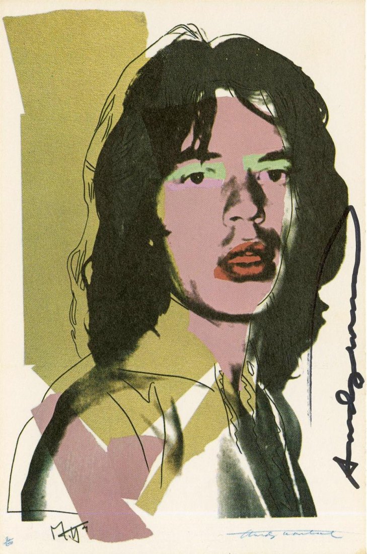 ANDY WARHOL - Color offset lithograph: Andy Warhol (American, 1928 - 1987). "Mick Jagger #08 [announcement]". Color offset lithograph. 1975. Signed by Warhol in black marker. Edition of c250. Cream smooth wove paper. The full sheet. Strong