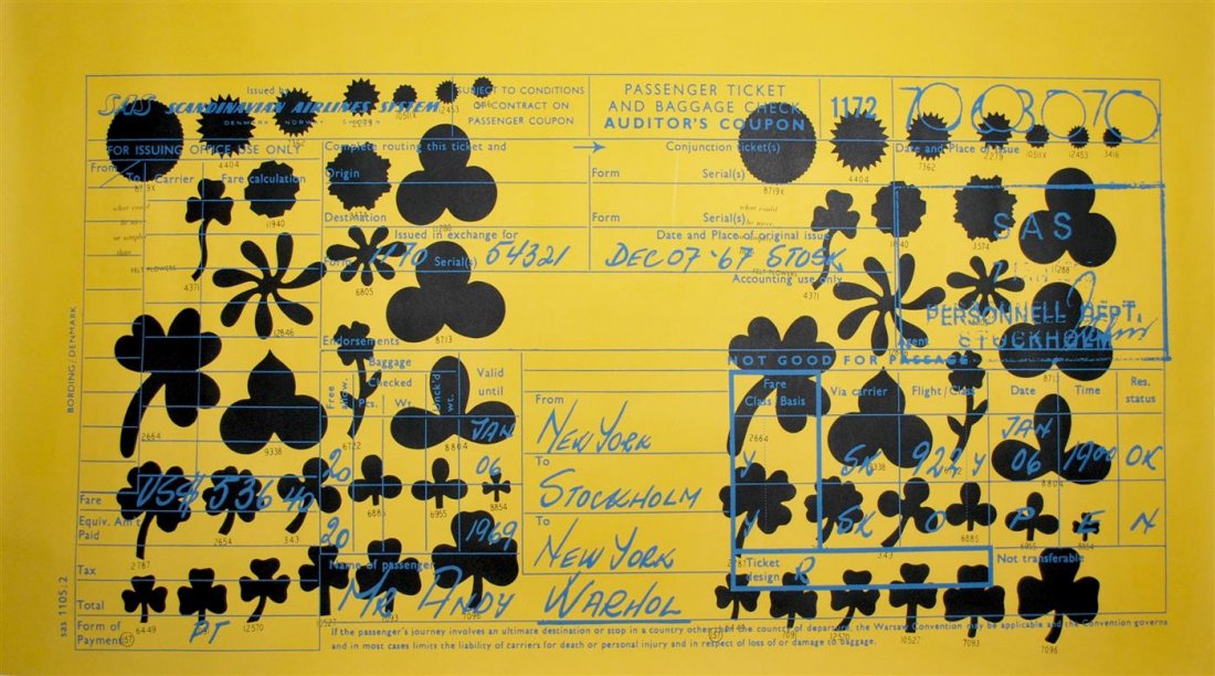ANDY WARHOL [after] - Color print: Andy Warhol [after] (American, 1928 - 1987). "SAS Passenger Ticket". Color print. 1968. Light cream wove paper. The full sheet. Fine impression. Fine condition. Literature/catalogue raisonne: Feldman/