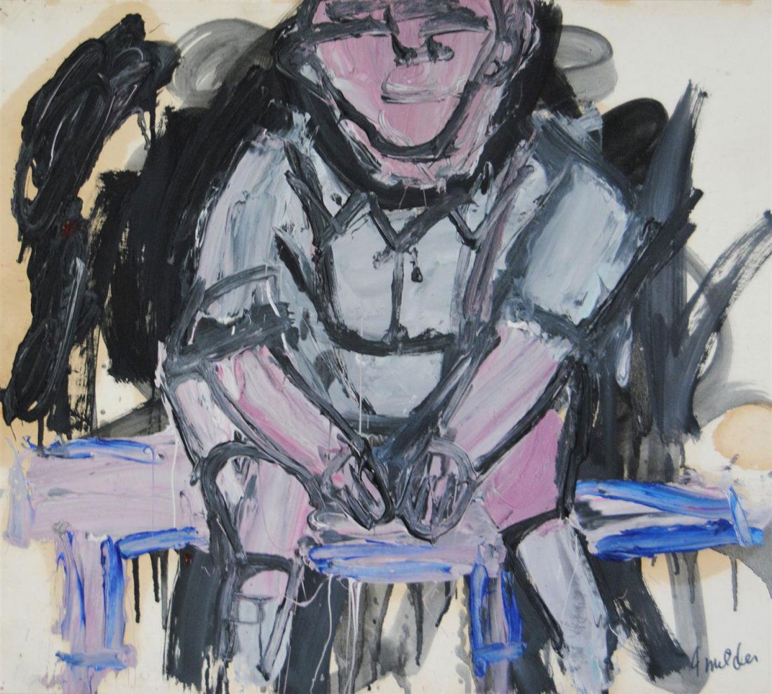 JAY MILDER - Oil on paper: Jay Milder (American, b.1934). "Subway Woman". Oil on paper. 1963. Signed lower right. Good condition; heavy impasto; paper brittle, old tape and discoloration verso; no holes or tears in the image. M