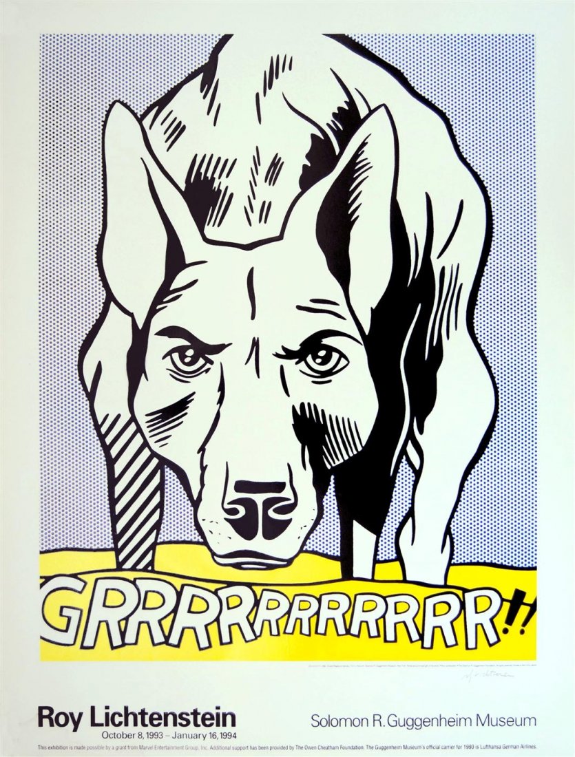 ROY LICHTENSTEIN - Color offset lithograph: Roy Lichtenstein (American, 1923-1997). "GRRRRRRRRRRR!! [museum poster]". Color offset lithograph. 1993. Signed in pencil, lower right. Edition unknown, presumed extremely small. White wove paper. The