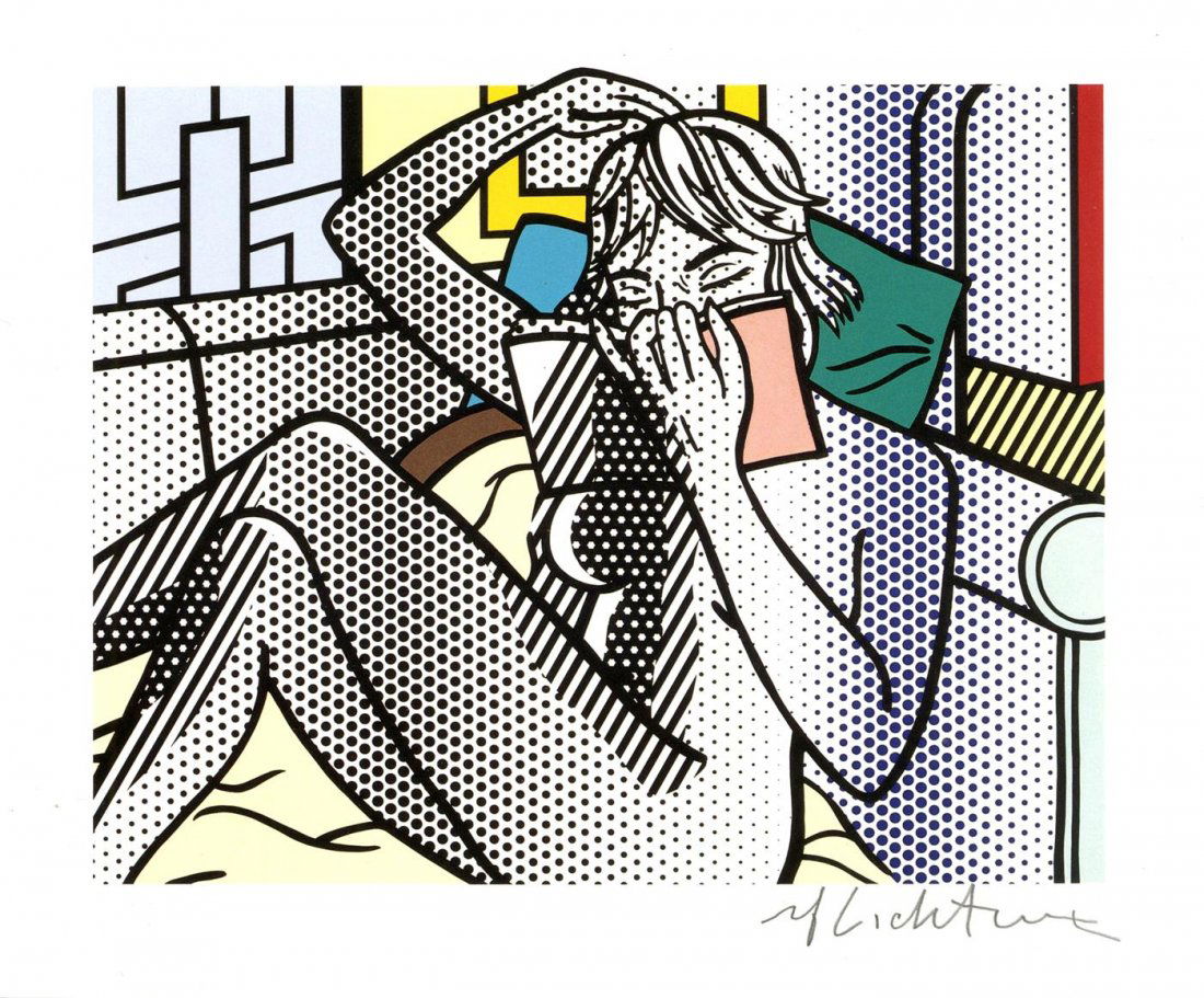 ROY LICHTENSTEIN - Color relief print: Roy Lichtenstein (American, 1923-1997). "Nude Reading". Color relief print. 1994. Signed in pencil, lower right. Edition of 500. Very light cream smooth sturdy wove paper. Ample margins. Fine impressi