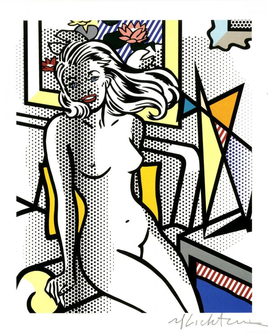 ROY LICHTENSTEIN - Color relief print: Roy Lichtenstein (American, 1923-1997). "Nude with Yellow Pillow". Color relief print. 1994. Signed in pencil, lower right. Edition of 500. Very light cream smooth sturdy wove paper. Ample margins. Fi
