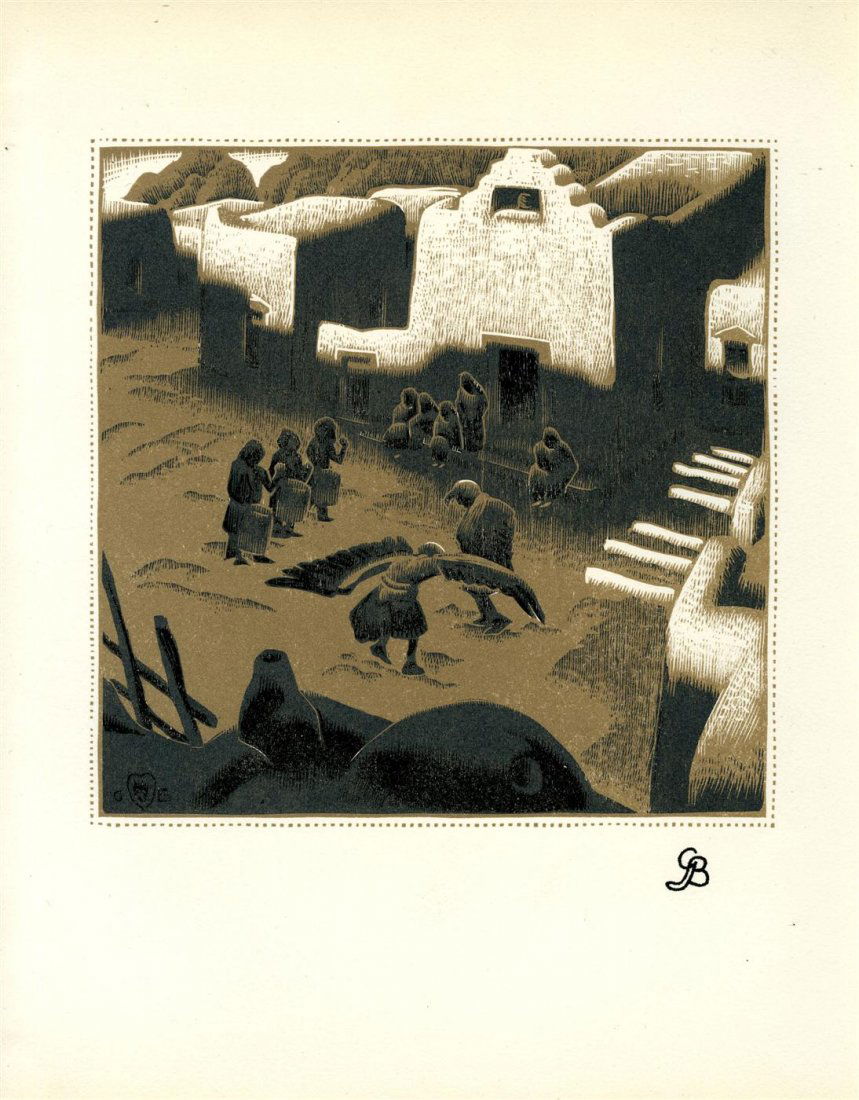 GUSTAVE BAUMANN - Color woodcut: Gustave Baumann (German/American, 1881 - 1971). "Eagle Ceremony at Tesuque Pueblo". Color woodcut. 1932. Signed with the stamp, lower right; monogrammed in the block, lower left. Probably a proof impr