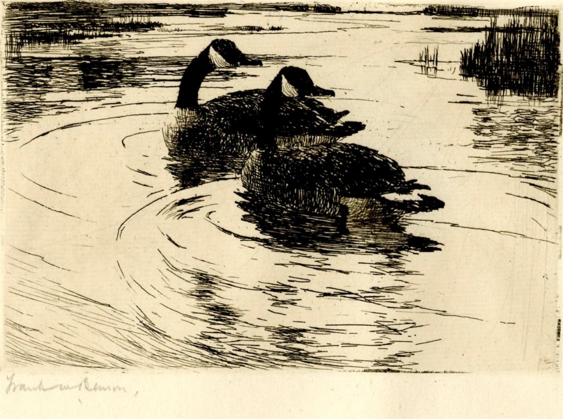 FRANK W. BENSON - Etching: Frank W. Benson (American, 1862 - 1951). "Canadian Geese". Etching. 1919. Signed in pencil, lower left. Edition of 275. Cream laid paper. Full margins. Fine impression. Fine condition save for a few f