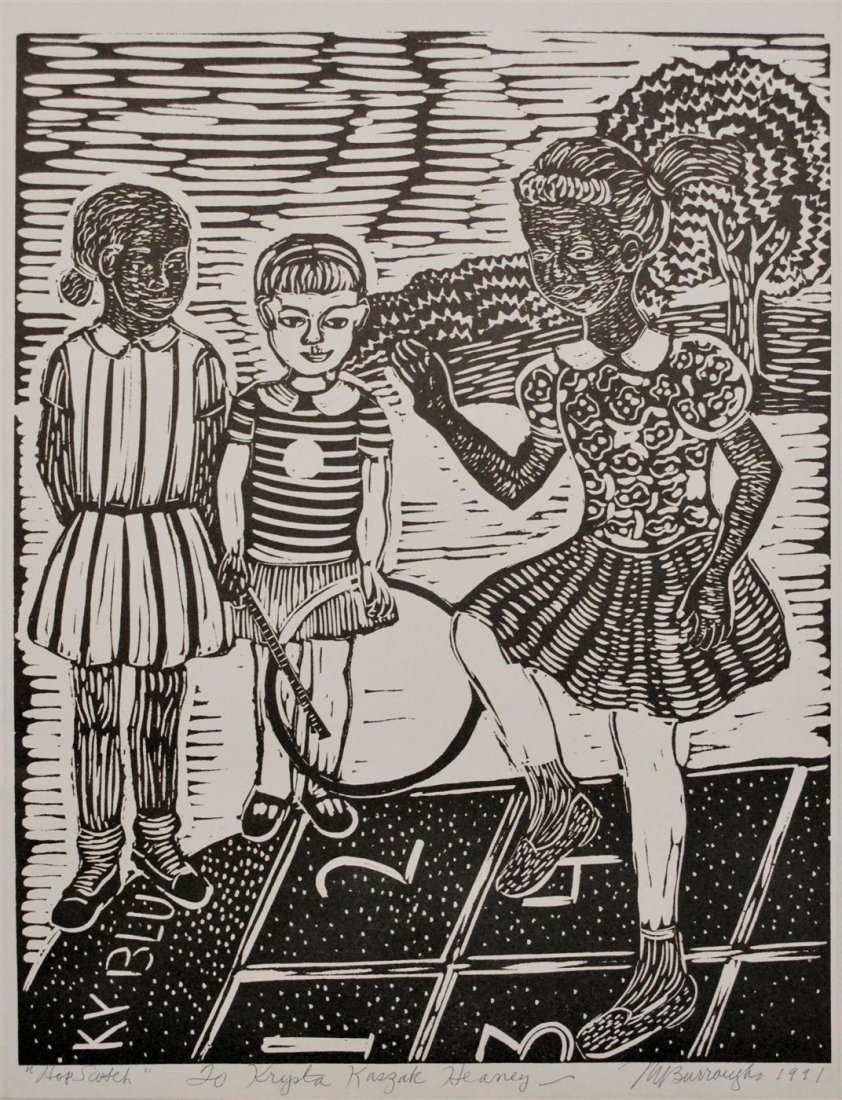 MARGARET BURROUGHS - Linocut: Margaret Burroughs (American, 1917-2010). "Hopscotch". Linocut. 1991. Signed, dated, titled, and dedicated in ink, lower margin. Edition unknown, presumed very small. White wove paper. Fine impression