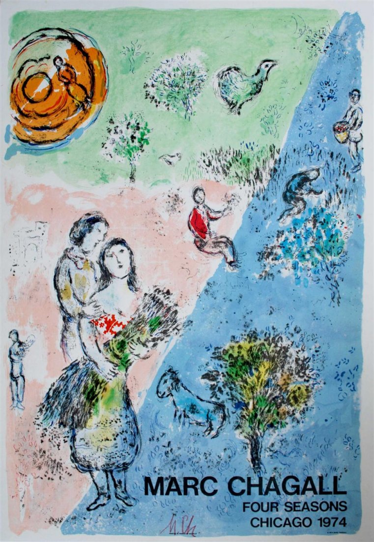 MARC CHAGALL - Color lithograph: Marc Chagall (Russian/French, 1887 - 1985). "Four Seasons - Chicago". Color lithograph. 1974. Initialed in red crayon, lower center. Edition of 5,000. White wove paper. Fine impression. Affixed to thi
