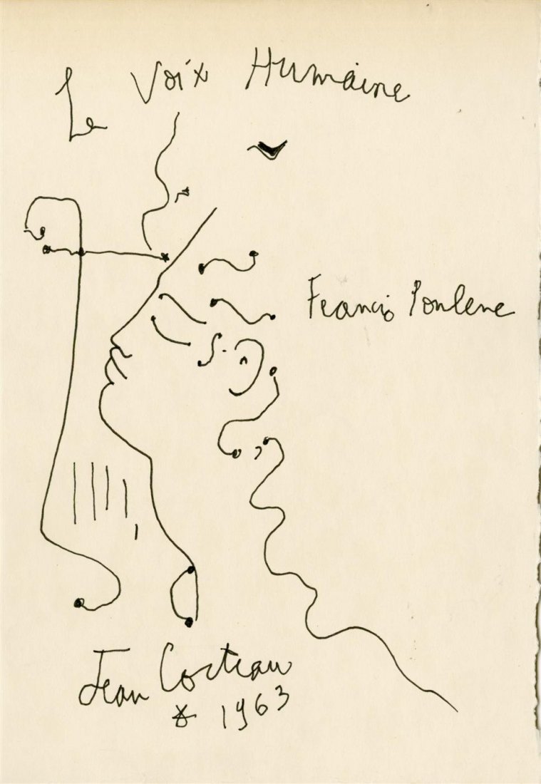 JEAN COCTEAU - Pen and ink drawing: Jean Cocteau (French, 1889-1963). "La voix humaine". Pen and ink drawing. 1963. Signed and dated, lower left. Cream wove paper. Very good to fine condition. Provenance: By repute, through the actress 