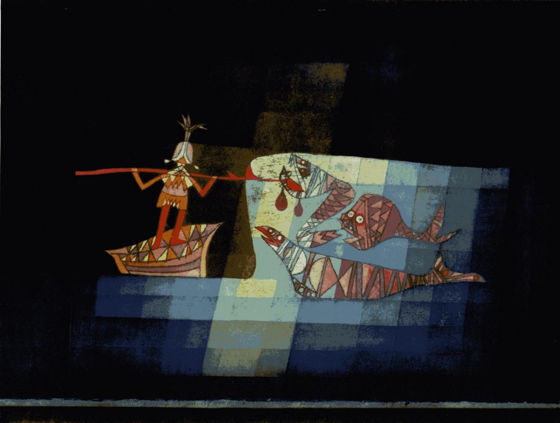 PAUL KLEE [after] - Original color collotype: Paul Klee [after] (Swiss/German, 1879 - 1940). "Scene from the Tragi-comic Opera 'Sindbad the Sailor' ["Kampfszene aus der komisch-fantastischen Oper Sindbad der Seefahrer"]". Original color collotype