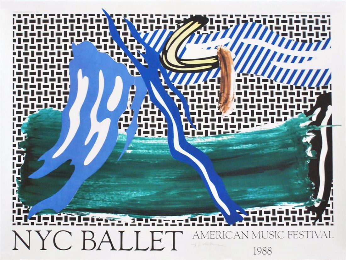 ROY LICHTENSTEIN - Color offset lithograph: Roy Lichtenstein (American, 1923-1997). "NYC Ballet - American Music Festival". Color offset lithograph. 1988. Signed in pen, lower center. Edition c800-1,000. White wove paper. The full sheet. Fine i