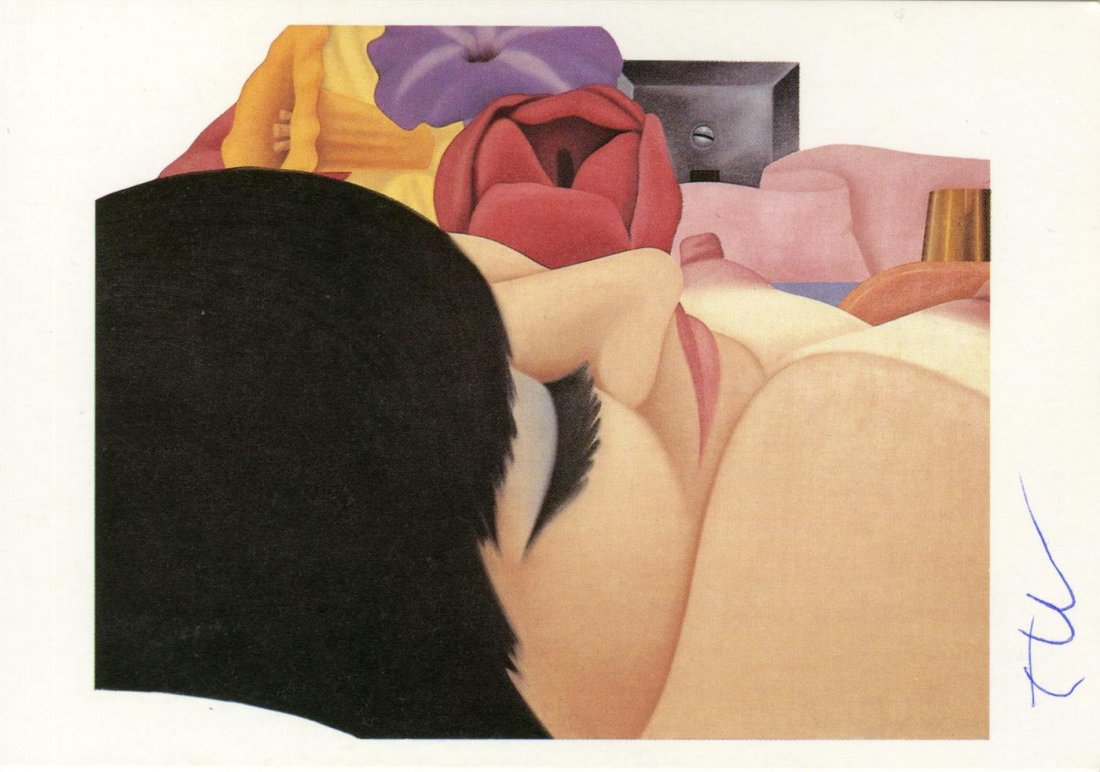 TOM WESSELMANN - Original color offset lithograph: Tom Wesselmann (American, 1931 - 2004). "Bedroom Painting [postcard]". Original color offset lithograph postcard. 1987. Signed in pen, lower image. Edition unknown. White wove paper (smooth recto). Th