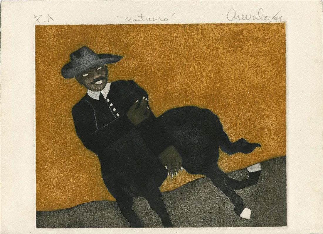 JAVIER AREVALO - Color etching and aquatint: Javier Arevalo (Mexican, b.1937). "Centauro". Color etching and aquatint. 1979. Signed, dated, titled, and annotated in pencil, upper margin. An artist's proof. Cream wove paper. Deckle edges four sid