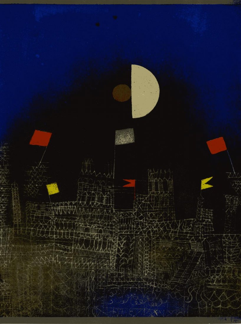 PAUL KLEE [after] - Original color photochrom: Paul Klee [after] (Swiss/German, 1879 - 1940). "City with Flags ["Beflaggte Stadt"]". Original color photochrom. 1927. Printed 1946. Signed in the image, lower right. Felix Paul Klee stamp, verso. Sma