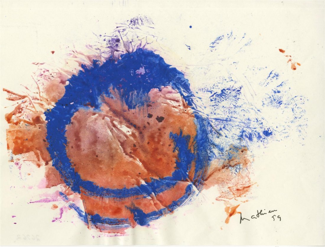 GEORGES MATHIEU - Watercolor and gouache: Georges Mathieu (French, 1921-2012). "Composition". Watercolor and gouache. 1959. Signed and dated, lower right. Very good condition; some soft folds and minor rippling. Mathieu was a French painter i