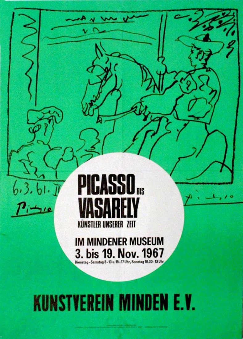 PABLO PICASSO - Color lithograph: Pablo Picasso (Spanish, 1881 - 1973). "Picasso bis Vasarely [Kunstverein Minden E.V]". Color lithograph. 1967. Signed in red crayon, lower left. Edition unknown, presumed small. White wove paper. The 