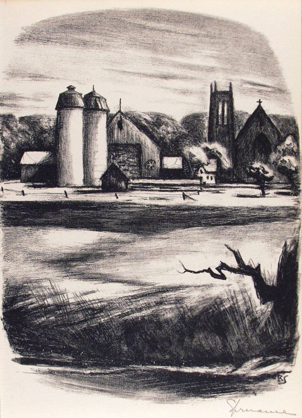 BENTON MURDOCH SPRUANCE - Lithograph: Benton Murdoch Spruance (American, 1904 - 1967). "Newtown Towers". Lithograph. 1948. Signed in pencil, lower right. Initialed in the stone. Cream laid watermarked paper. Fine impression. Fine conditio