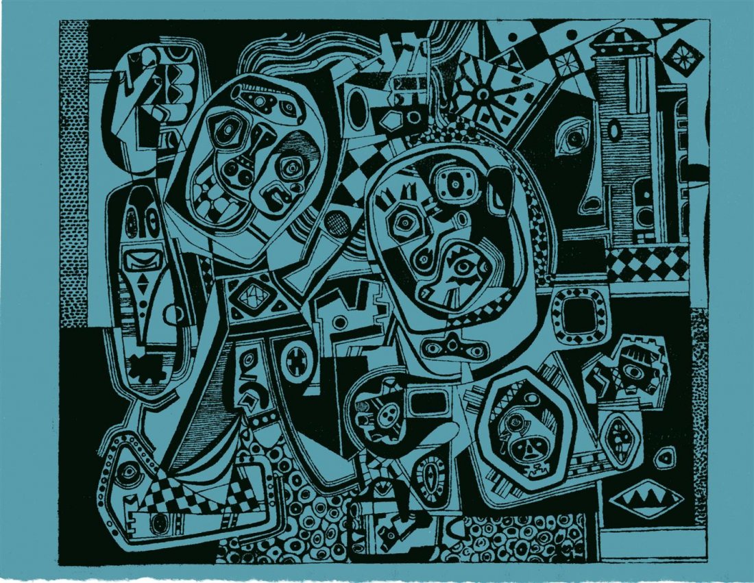 STEVE WHEELER - Original silkscreen: Steve Wheeler (American, 1912 - 1992). "Brooklyn in Q-T Formation". Original silkscreen. 1947. Proposed edition of 513 (of which all were printed?). Printed on turquoise-colored hand-made paper, botto