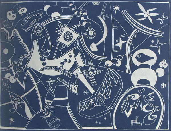 STEVE WHEELER - Original color silkscreen: Steve Wheeler (American, 1912 - 1992). "Marine Garden". Original color silkscreen. 1947. Proposed edition of 513 (of which all were printed?). Printed on blue-colored hand-made paper, bottom edge deck