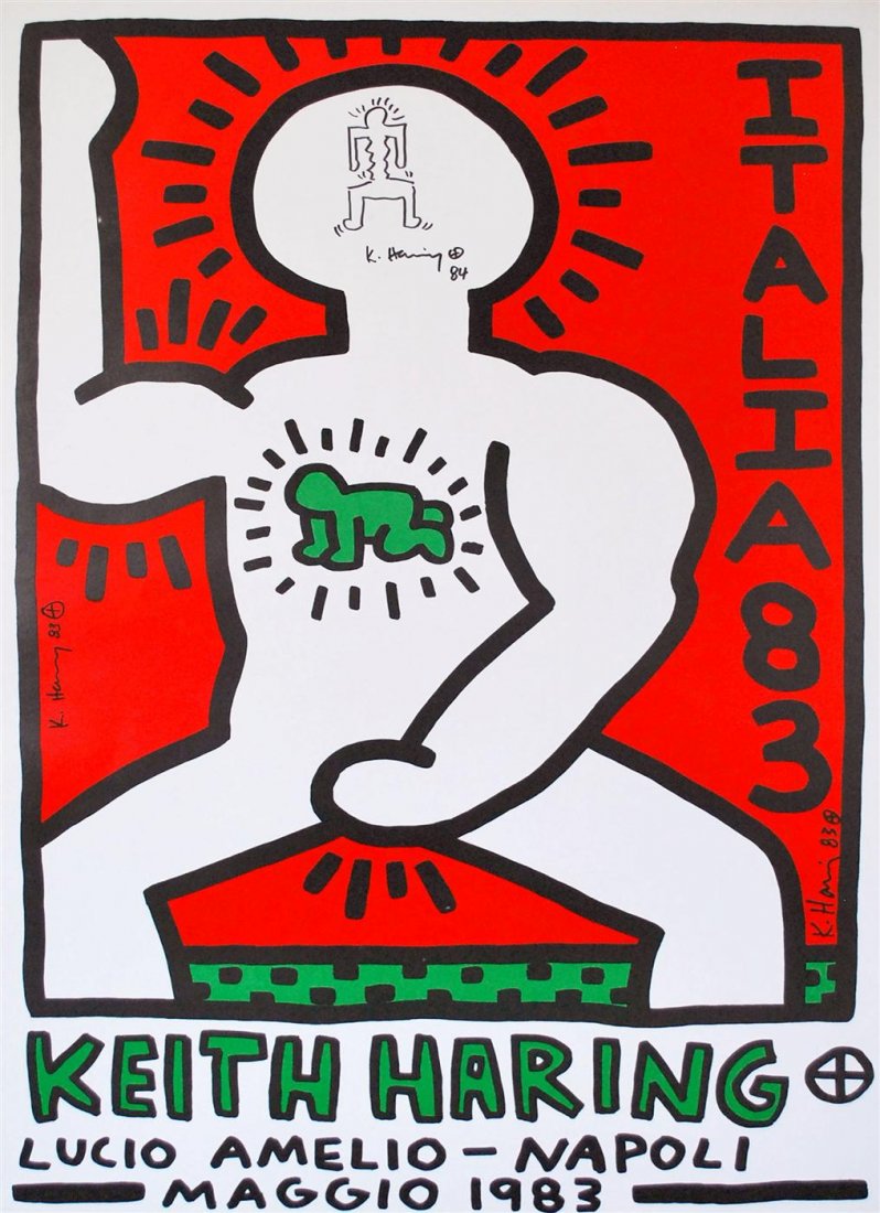 KEITH HARING - Original black marker drawing on: Keith Haring (American, 1958 - 1990). "Figure of a Man (marker drawing on Italia 83 poster)". Original black marker drawing on color lithograph. 1983. Signed and dated in marker, upper center on the m