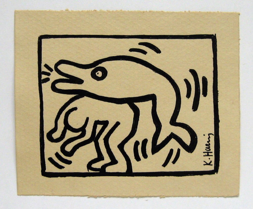 KEITH HARING - Ink/marker drawing on paper: Keith Haring (American, 1958 - 1990). "Untitled (Dolphin and Figure)". Ink/marker drawing on paper. c1983. Signed lower right. Cream wove paper. Fine condition. Image copyright © The Keith Haring Fou
