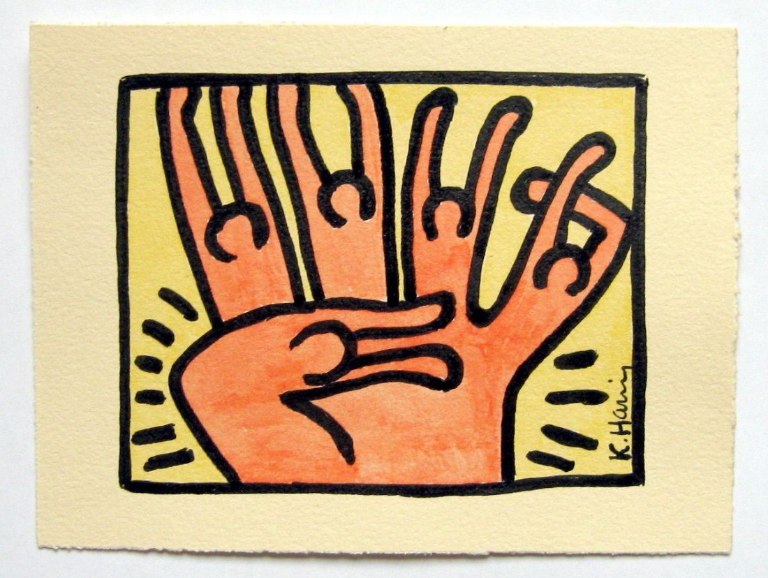 KEITH HARING - Watercolor and ink drawing on paper: Keith Haring (American, 1958 - 1990). "Untitled (Fingers)". Watercolor and ink drawing on paper. c1983. Signed lower right. Fine condition. Image copyright © The Keith Haring Foundation. Overall size