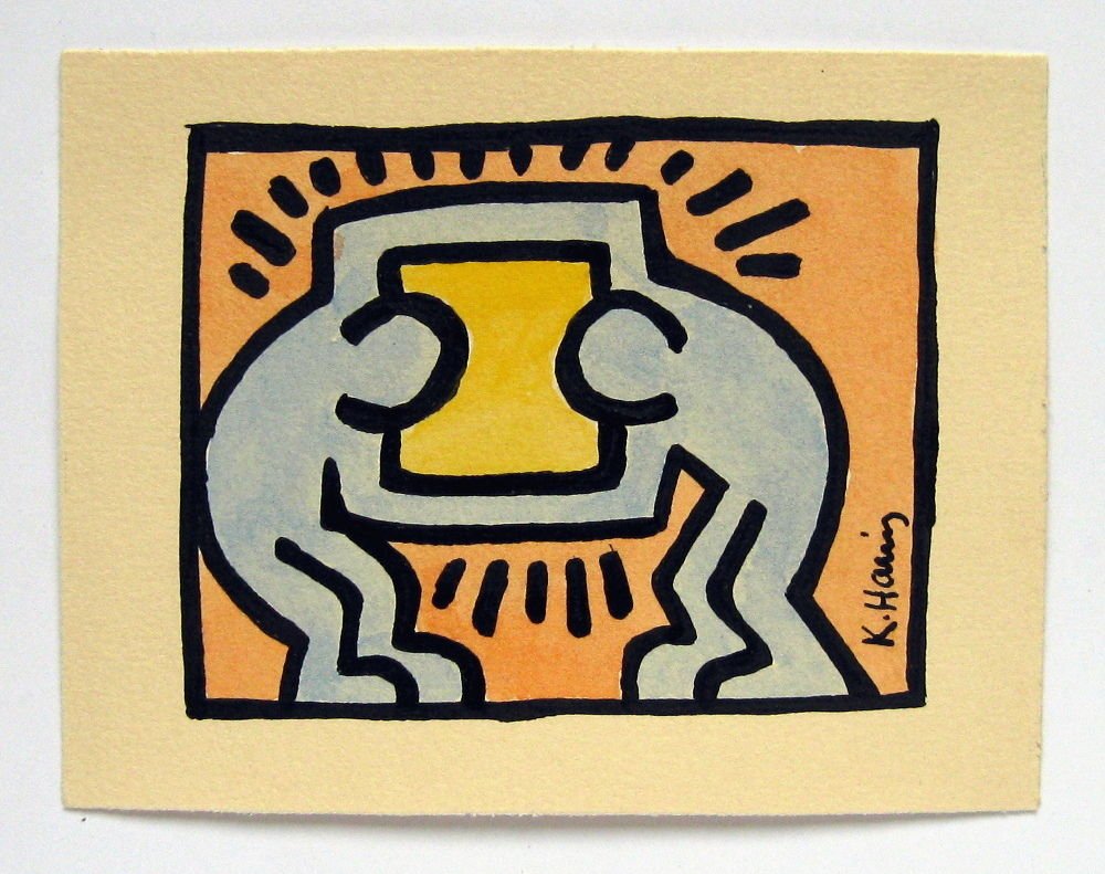 KEITH HARING - Watercolor and ink drawing on paper: Keith Haring (American, 1958 - 1990). "Untitled (T.V.)". Watercolor and ink drawing on paper. c1983. Signed lower right. Fine condition. Image copyright © The Keith Haring Foundation. Overall size: 3