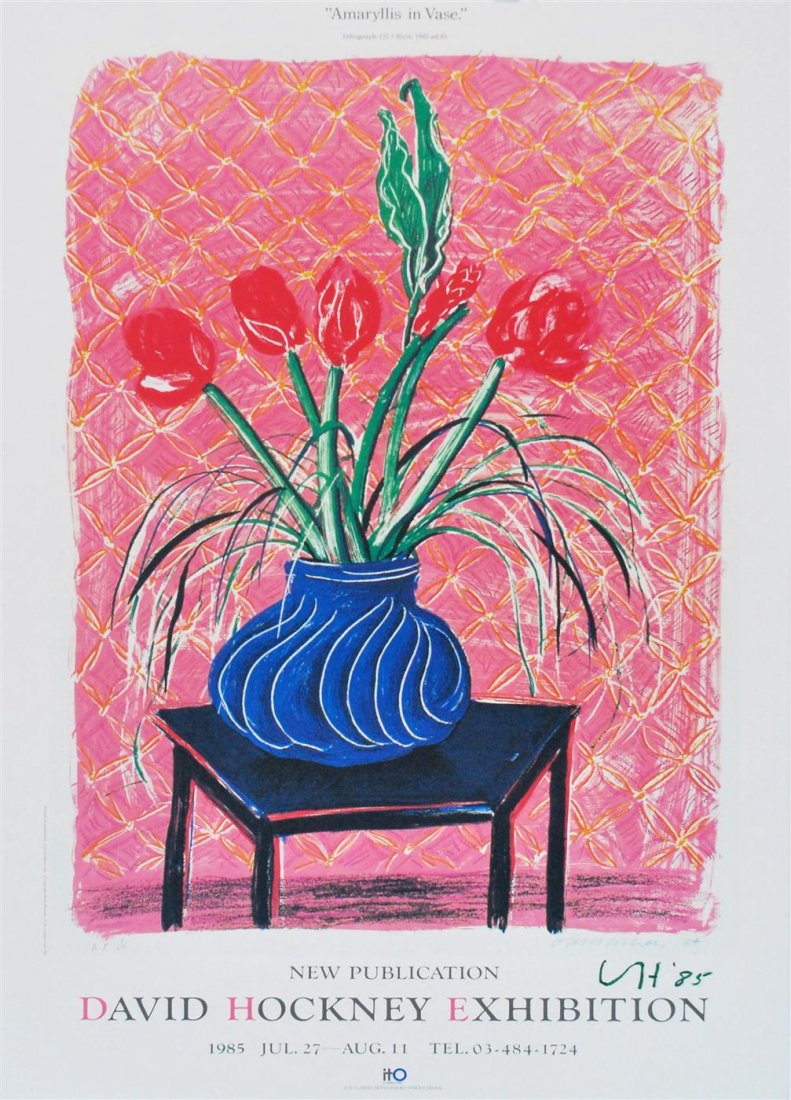 DAVID HOCKNEY - Color offset lithograph: David Hockney (British, b.1937). "Amaryllis in Vase [Japan exhibition]". Color offset lithograph. 1985. Signed with the initials and dated in green crayon, lower right. Edition unknown, presumed small