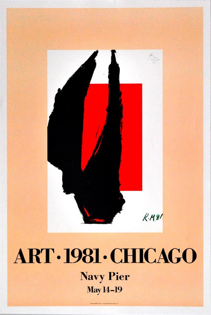ROBERT MOTHERWELL - Original color lithograph: Robert Motherwell (American, 1915 - 1992). "Art 1981 Chicago". Original color lithograph . 1981. Signed with the initials and dated in green crayon, lower right of the image. Signed with the initials 