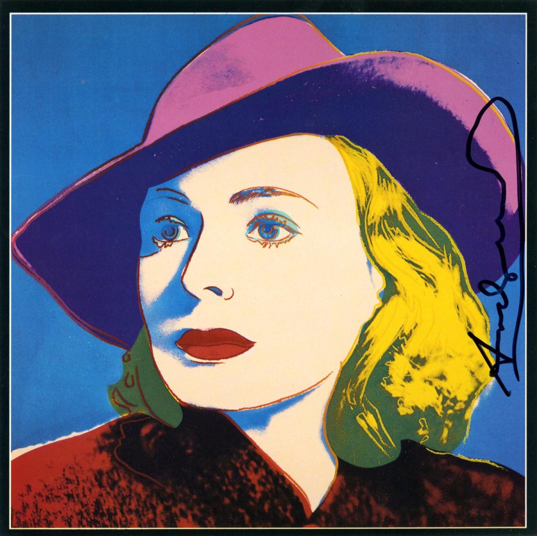 ANDY WARHOL - Color offset lithograph: Andy Warhol (American, 1928 - 1987). "Ingrid Bergman: With Hat (01)". Color offset lithograph. 1983. Signed in black felt tip pen, center right; signed in the plate. Edition unknown, presumed very sma