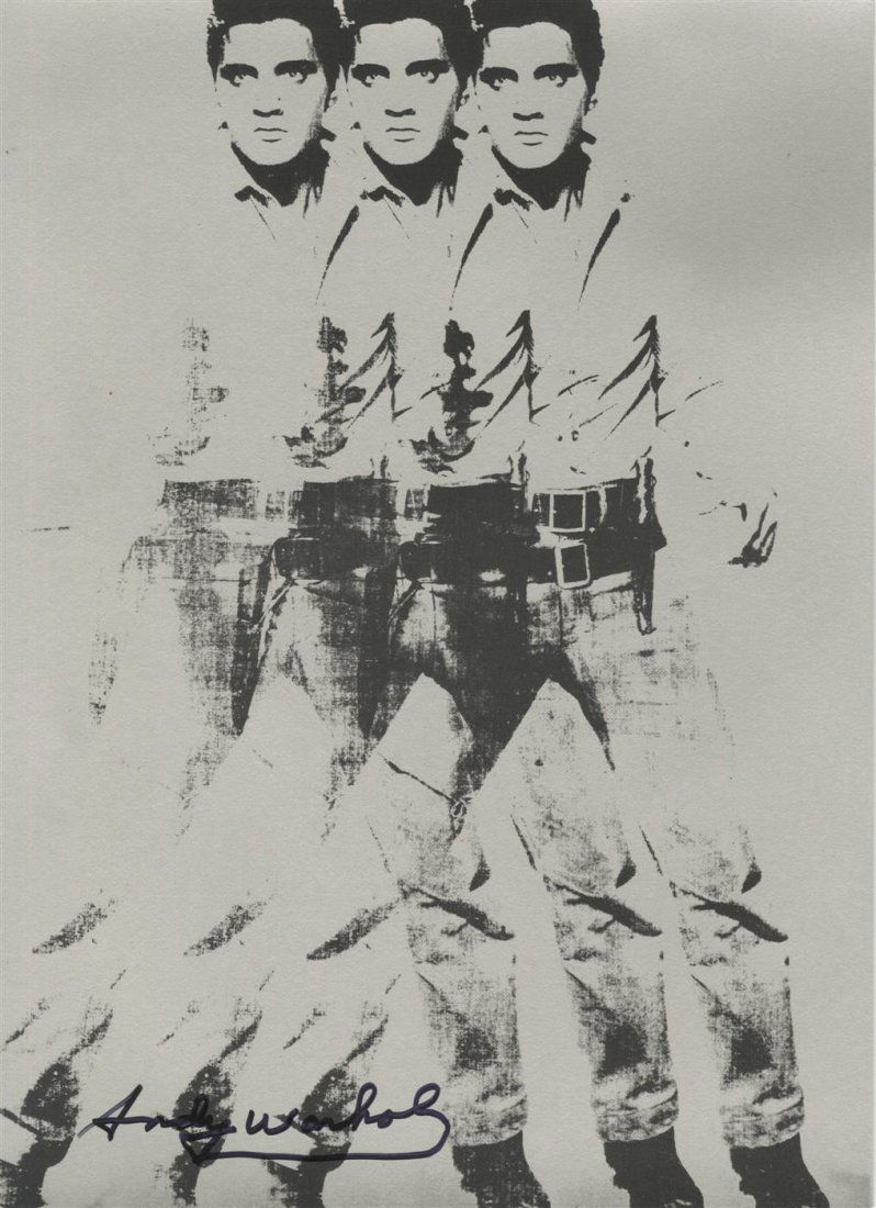 ANDY WARHOL - Original color silkscreen: Andy Warhol (American, 1928 - 1987). "Triple Elvis". Original color silkscreen. Printed 1970. Signed in black marker, lower left; stamped verso. Edition of c200. Thick cream wove paper. The full sheet