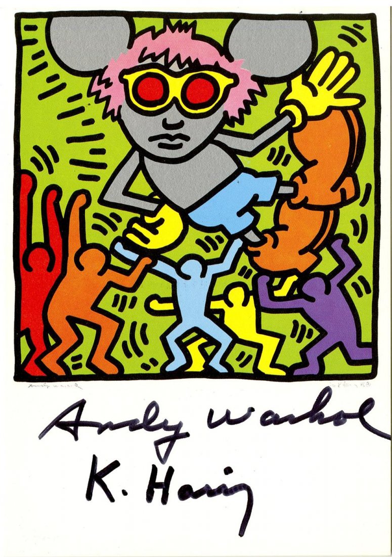 ANDY WARHOL & KEITH HARING - Color offset: Andy Warhol & Keith Haring (Americans, 20th Century). "Andy Mouse IV, Homage to Warhol [postcard edition]". Color offset lithograph. 1986. Signed in black marker by both Haring and Warhol, lower margi
