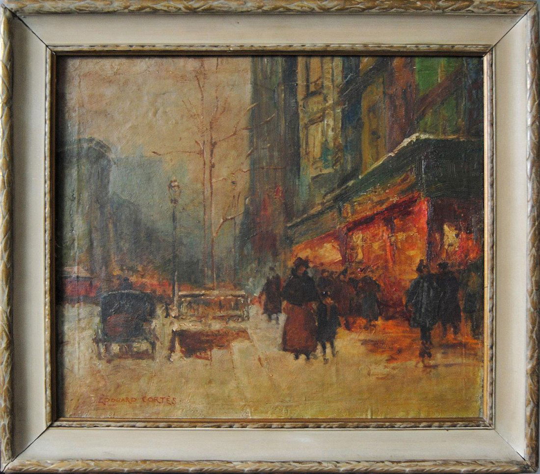 EDOUARD CORTES - Oil on canvas: Edouard Cortes (French, 1882-1969). "La Porte Saint Martin". Oil on canvas. 1920s/1930s. Signed lower left. Very good condition. Laid to board. Inspected under blacklight. Signature contemporaneous to