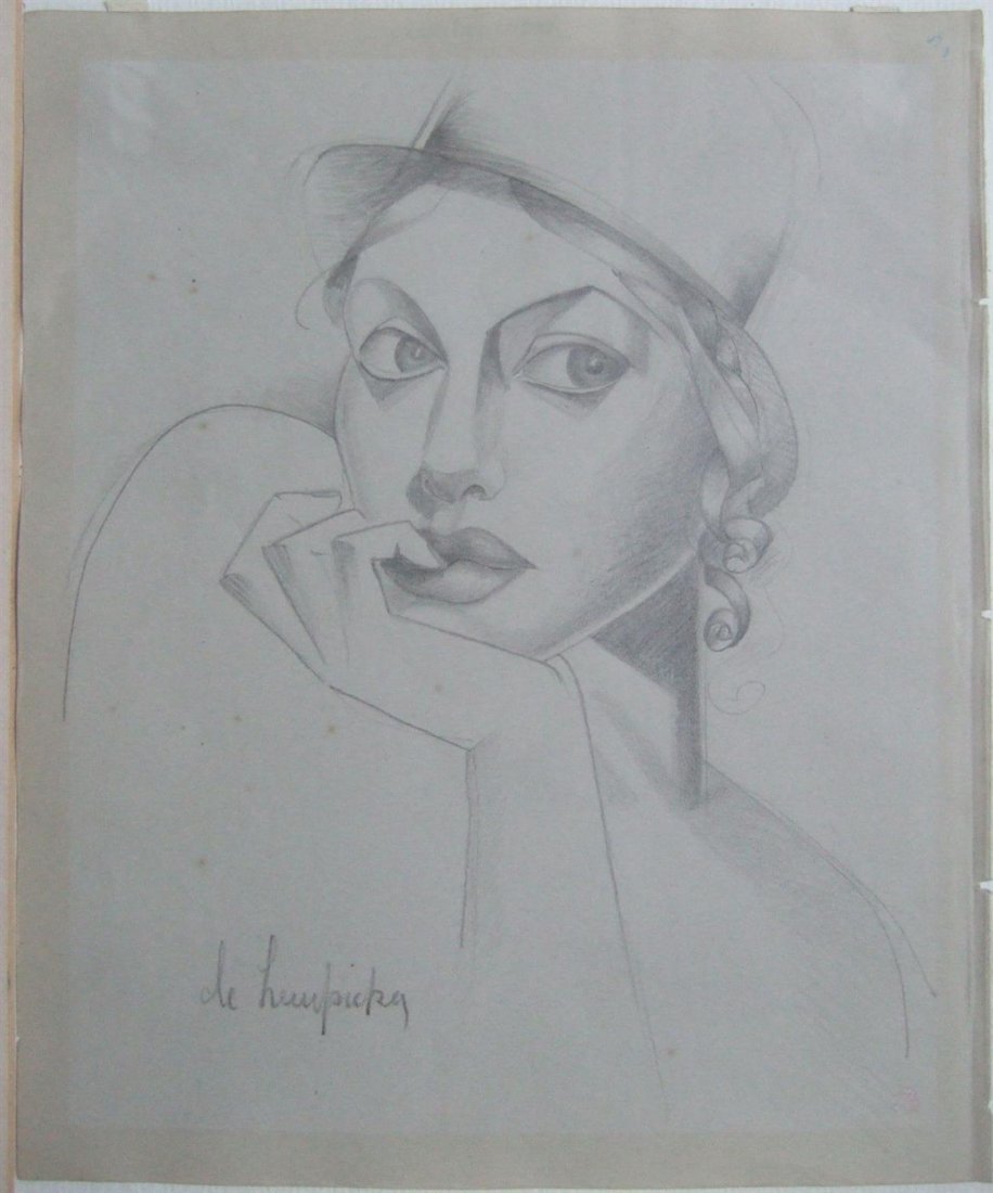 TAMARA DE LEMPICKA - Pencil drawing on paper: Tamara de Lempicka (Polish, 1898-1980). "Portrait de Ginette au chapeau melon". Pencil drawing on paper. c1930s. Signed in pencil, lower left; titled and signed, verso; various annotations verso. Ligh