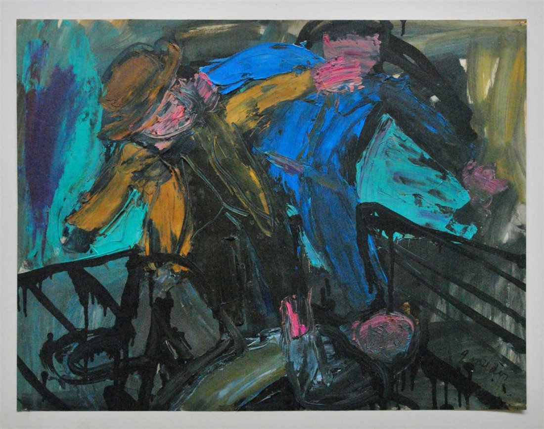 JAY MILDER - Oil on paper: Jay Milder (American, b.1934). "Subway Brawl". Oil on paper. 1963. Signed lower right. Good condition; heavy impasto with very minor paint loss; paper brittle - not supple but firm; old tape and disco