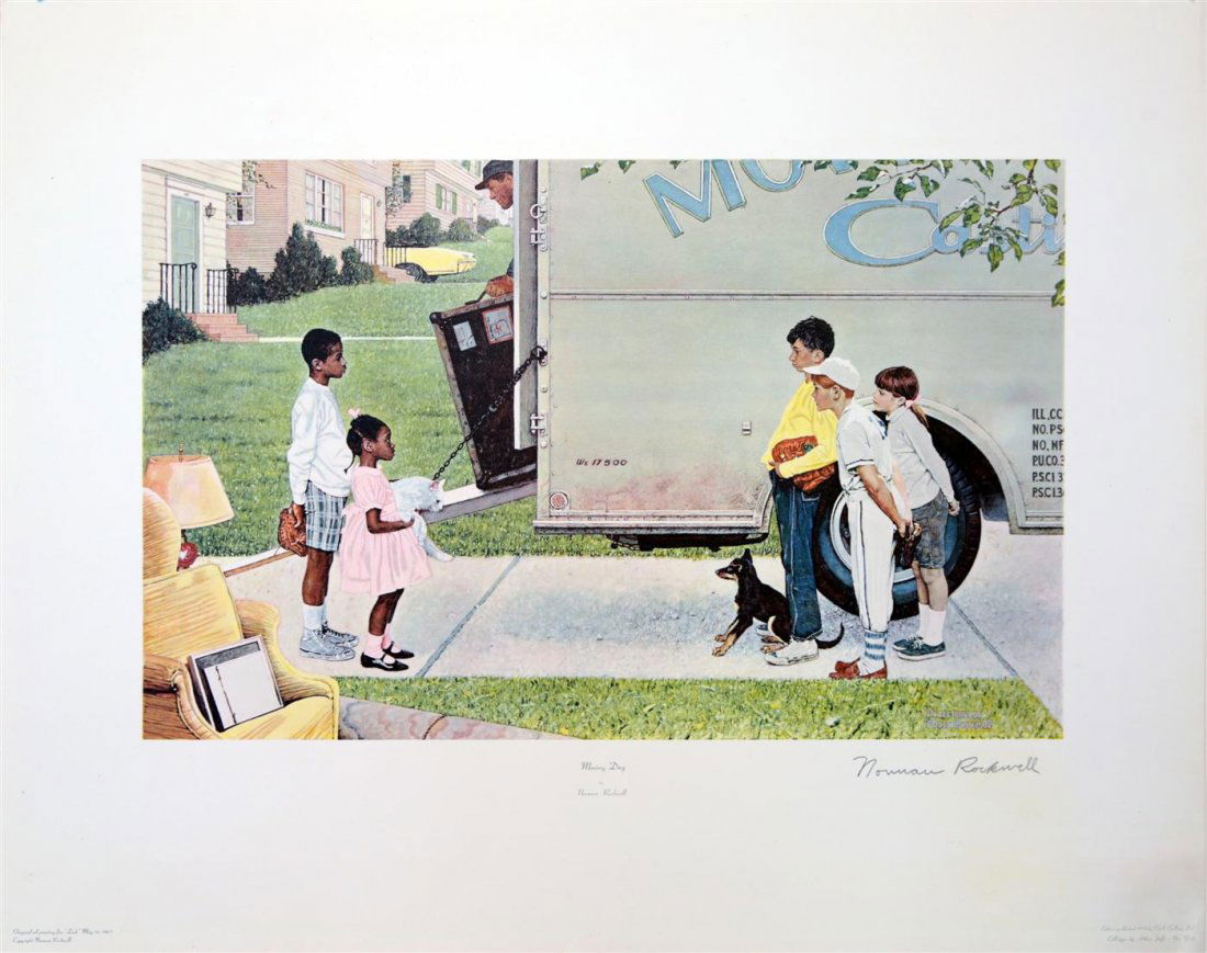 NORMAN ROCKWELL - Original color collotype: Norman Rockwell (American, 1894 - 1978). "Moving Day". Original color collotype. Printed 1973. Signed in pencil, lower right. Light cream wove paper. The full sheet. Fine impression. Very good to fine