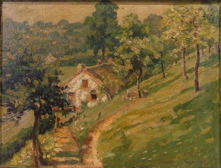 WILLIAM WENDT - Oil on board: William Wendt (American, 1865-1946). "Mountain Cottage". Oil on board. 1935. Signed lower right. Very good condition. Provenance: Private Collection, Newport Beach, California. Composed in 1935, undou