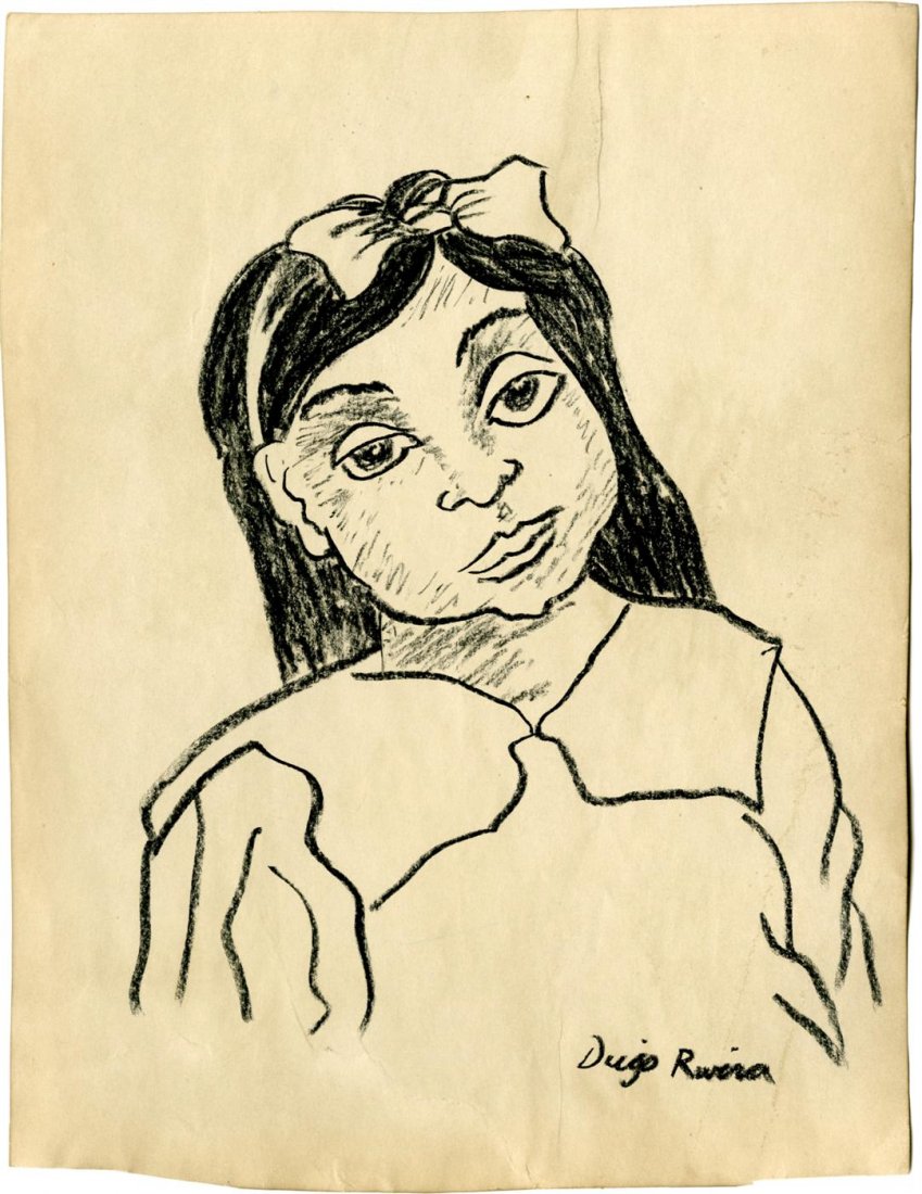 DIEGO RIVERA - Pencil drawing on paper: Diego Rivera (Mexican, 1886 - 1957). "Muchacha". Pencil drawing on paper. c1947. Signed in pencil, lower right. Cream wove paper. Good condition; creases, bottom of sheet trimmed irregularly, minor su