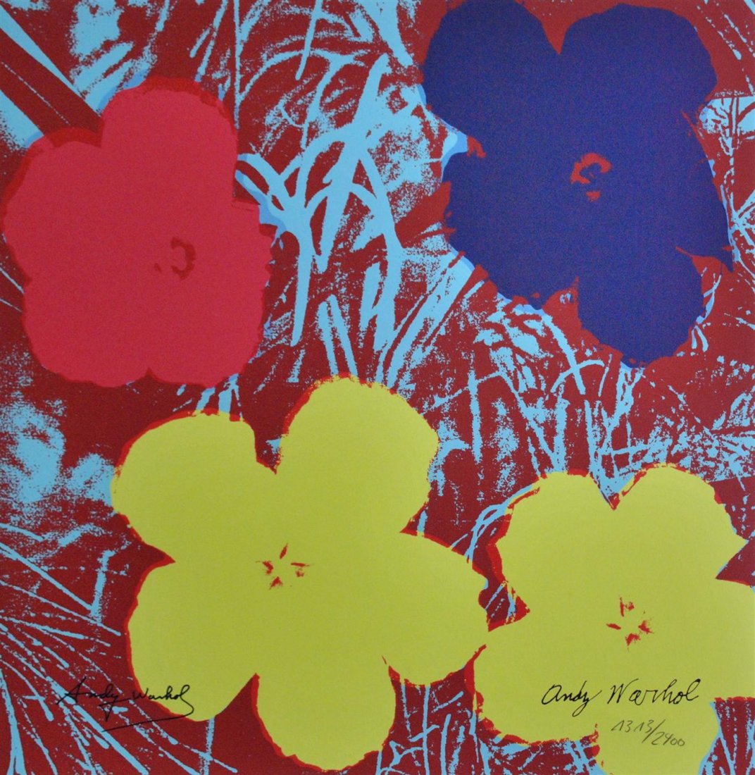 ANDY WARHOL [after] - Color lithograph: Andy Warhol [after] (American, 1928 - 1987). "Flowers #01". Color lithograph. Printed c1986. Bears signature in black marker, lower left; signed in the plate, lower right. Editioned in pencil. Cream w