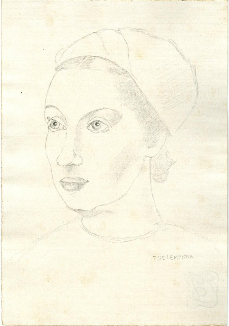 TAMARA DE LEMPICKA - Pencil drawing on paper: Tamara de Lempicka (Polish, 1898-1980). "Portrait d'une femme". Pencil drawing on paper. c1930s. Signed in pencil, lower right; stamped verso. Light cream laid paper. Good to very good condition; scat