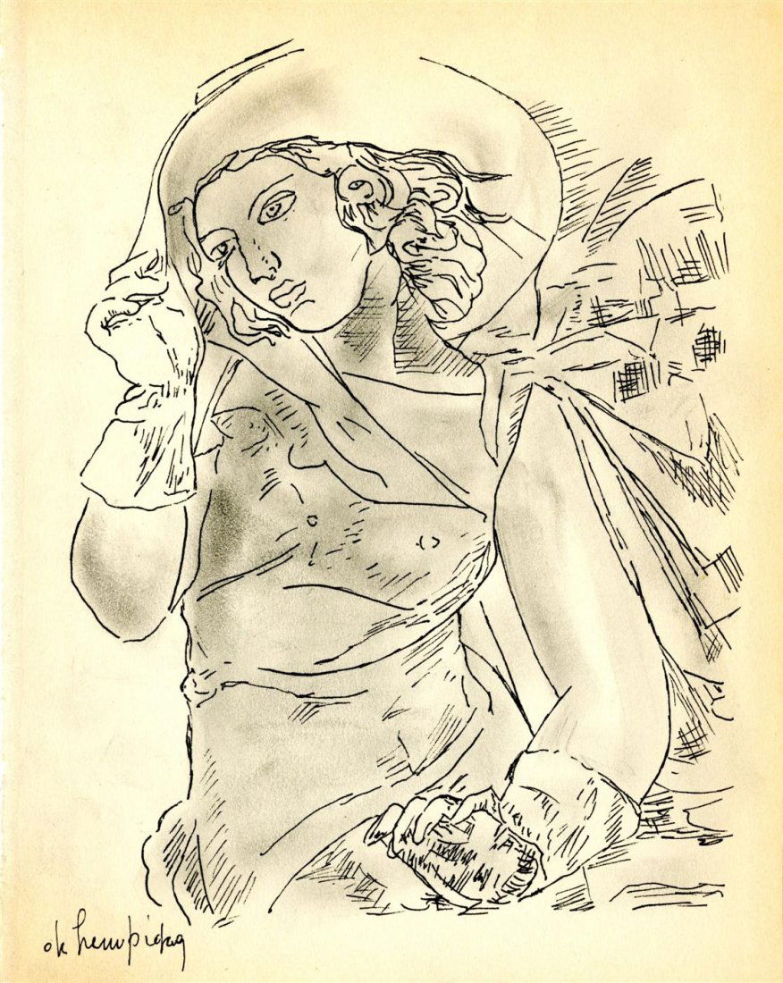 TAMARA DE LEMPICKA - Pen and pencil drawing on: Tamara de Lempicka (Polish, 1898-1980). "Portrait of a Young Girl in a Green Dress". Pen and pencil drawing on paper. 1929-30. Signed lower left. Light cream wove paper. Very good condition. From the