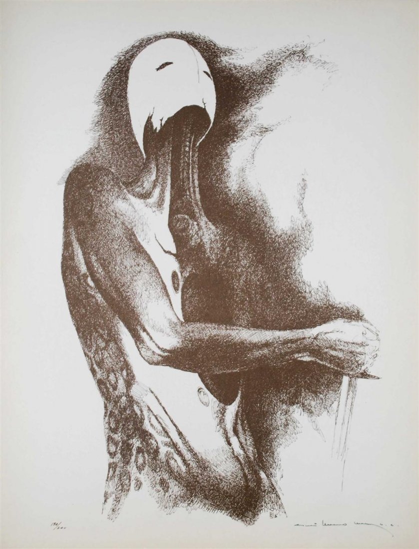 GUILLERMO MEZA - Lithograph in brown ink: Guillermo Meza (Mexican, 1917 - 1997). "Que porque Eran Niños [Plate 4 from: "Guillermo Meza, Impressiones, 11 Litografias, Presentacion de Jaled Muyaes y Raul Kamffer, Nota Bibliografica de Carlos P