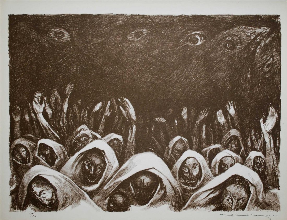 GUILLERMO MEZA - Lithograph in brown ink: Guillermo Meza (Mexican, 1917 - 1997). "Se Soltara y Asomara el Pleito [Plate 2 from: "Guillermo Meza, Impressiones, 11 Litografias, Presentacion de Jaled Muyaes y Raul Kamffer, Nota Bibliografica de 