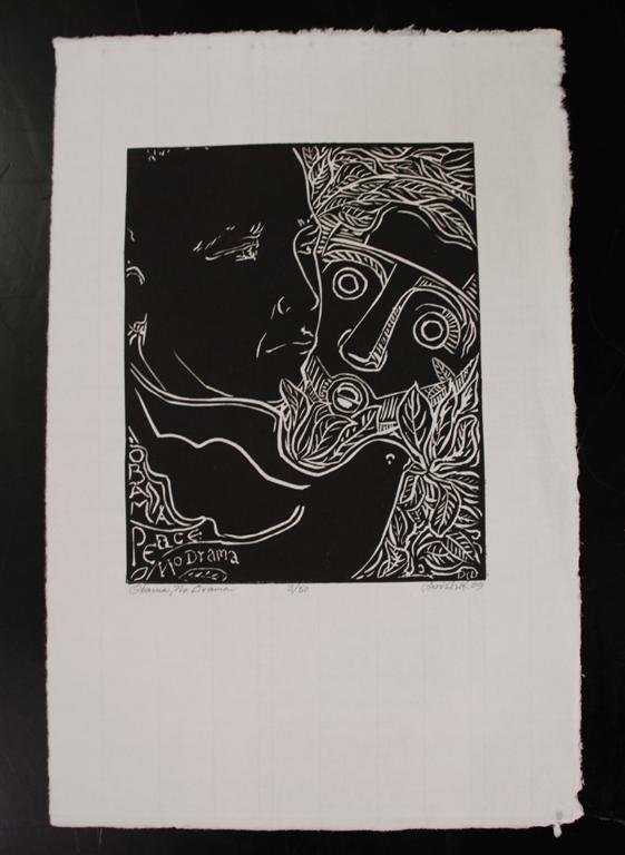 DAVID C. DRISKELL - Linocut: David C. Driskell (American, b.1931). "Obama, No Drama". Linocut. 2009. Signed, titled, dated, numbered in pencil, lower margin. Edition of 50. Full margins. Fine impression. Condition: slight folding