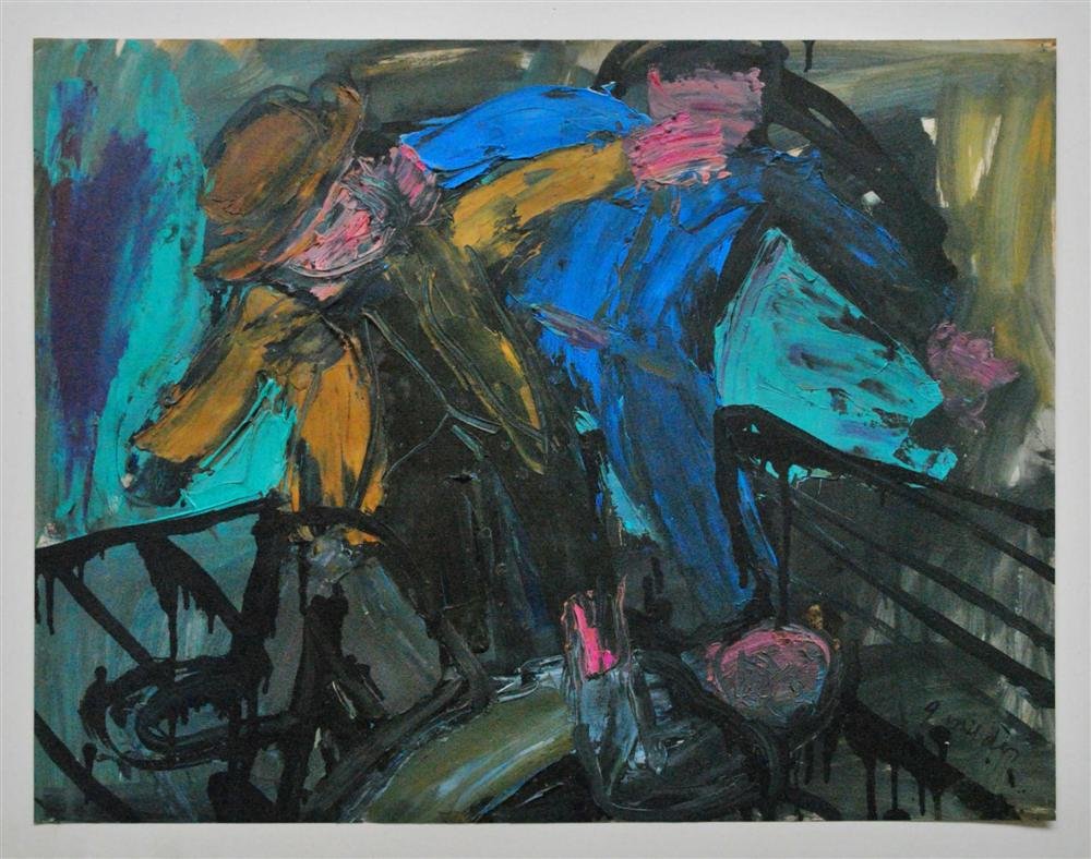JAY MILDER - Oil on paper: Jay Milder (American, b.1934). "Subway Brawl". Oil on paper. 1963. Signed lower right. Good condition; heavy impasto with very minor paint loss; paper brittle - not supple but firm; old tape and disco