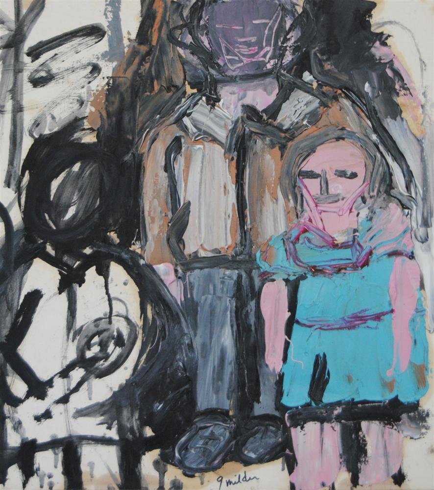 JAY MILDER - Oil on paper: Jay Milder (American, b.1934). "Subway Man and Girl". Oil on paper. 1963. Signed lower middle. Good condition; heavy impasto with very minor paint loss; paper brittle - not supple but firm; old tape a
