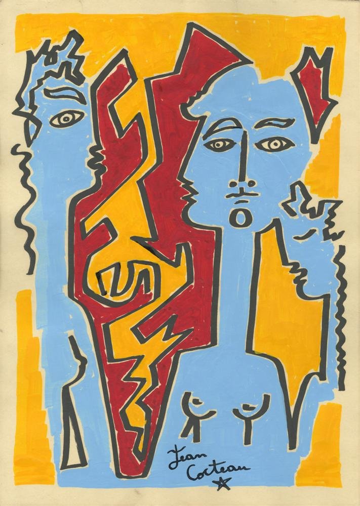 JEAN COCTEAU [after] - Mixed media: Jean Cocteau [after] (French, 1889-1963). "Personnages". Mixed media. c1950. Bears spurious signature lower center. Cream wove paper. Very good condition. Jean Maurice Eugene Clement Cocteau was a Fre