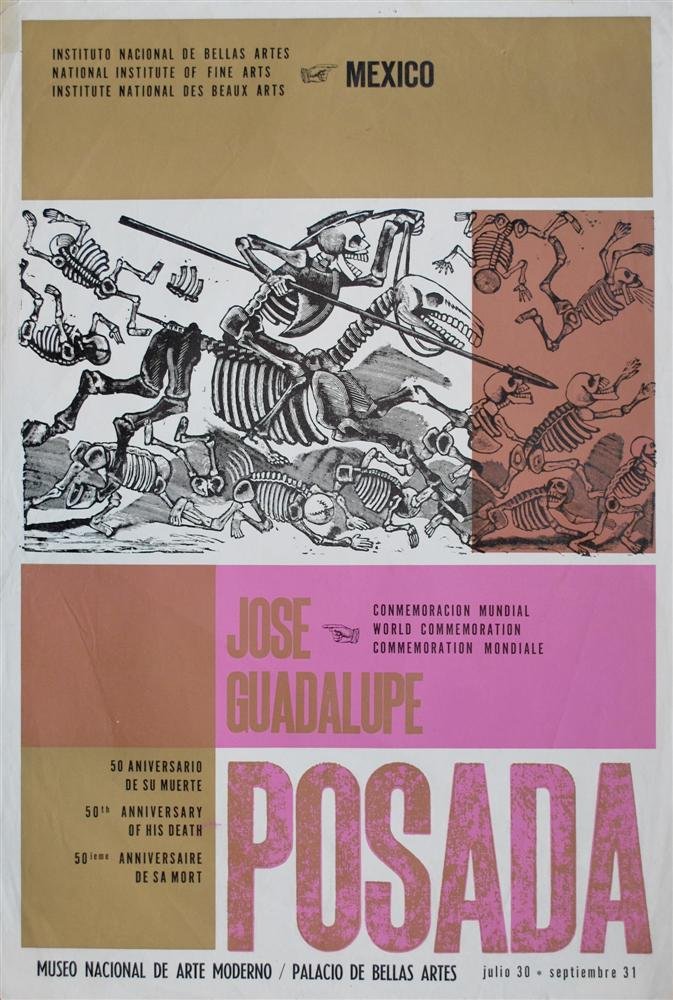 JOSE GUADALUPE POSADA [after] - Original color: Jose Guadalupe Posada [after] (Mexican, 1852 - 1913). "Jose Guadalupe Posada: Conmemoracion Mundial". Original color lithograph & silkscreen. 1963. Edition unknown, presumed small. Fine impression. Pr