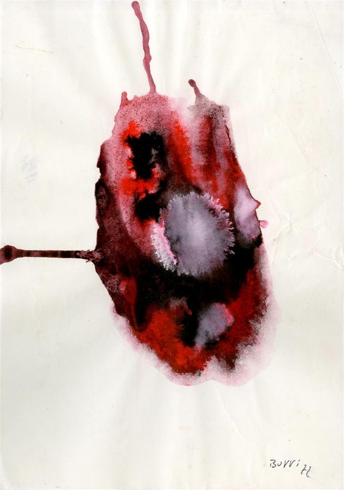 ALBERTO BURRI - Mixed media on paper: Alberto Burri (Italian, 1915-1995). "Combustione #1". Mixed media on paper. 1972. Signed and dated, lower right. Condition: some creasing and rippling (incurred while painting was created), else very