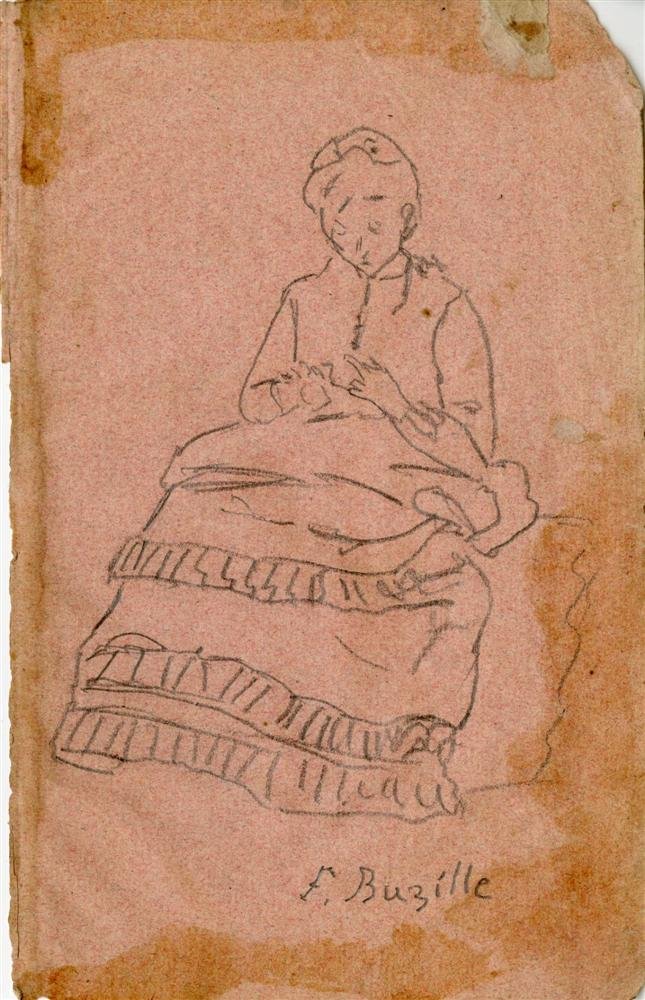 FREDERIC BAZILLE - Original pencil drawing: Frederic Bazille (French, 1841-1870). "La Brodeuse". Original pencil drawing. c1867-1868. Signed lower right. Dark pink laid watermarked paper. Condition: staining; foxing; some losses. Provenance: Pr