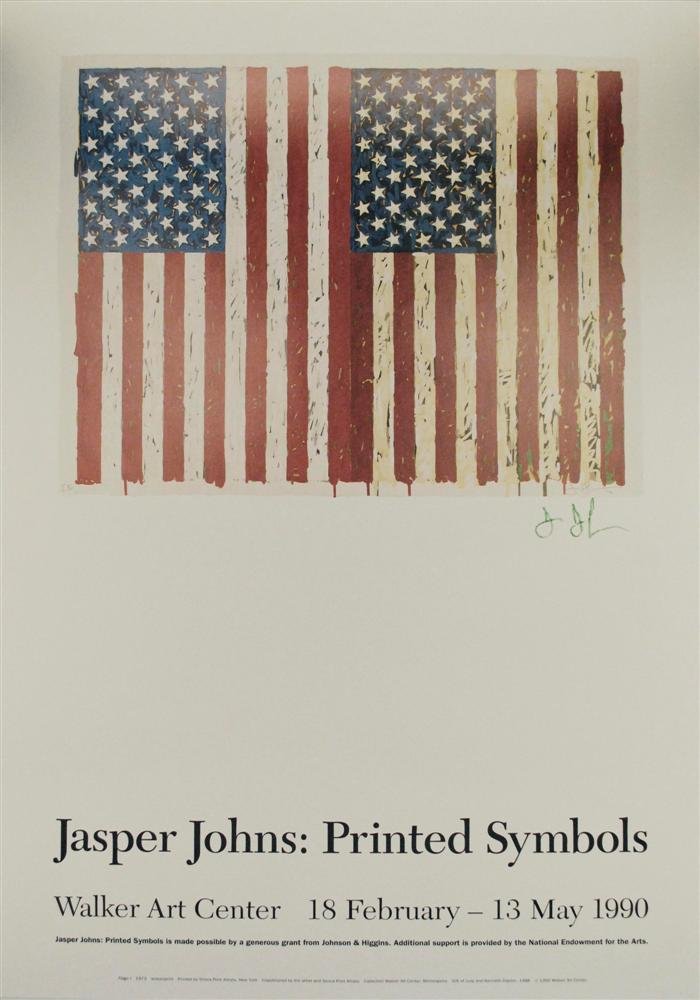 JASPER JOHNS - Original color offset lithograph: Jasper Johns (American, b.1930). "Flags I [from: Printed Symbols]". Original color offset lithograph. 1973. Printed 1990. Signed in green crayon under the image, lower right. Edition unknown, presumed